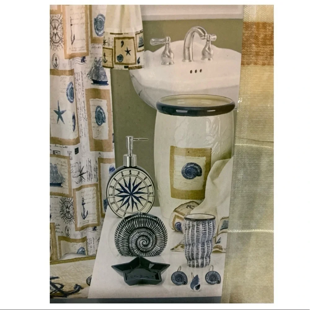 Nautical Seashell Beach Fabric Shower Curtain Beige Blue Popular Bath 70x72” NEW
